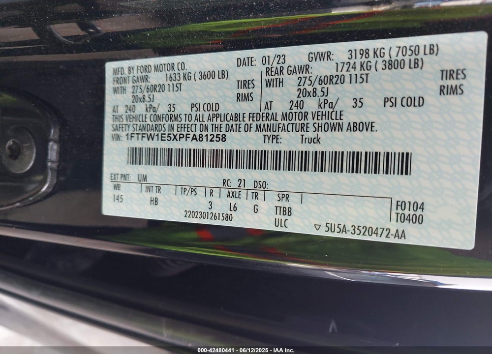 2023 FORD F-150 VIN: 1FTFW1E5XPFA81258