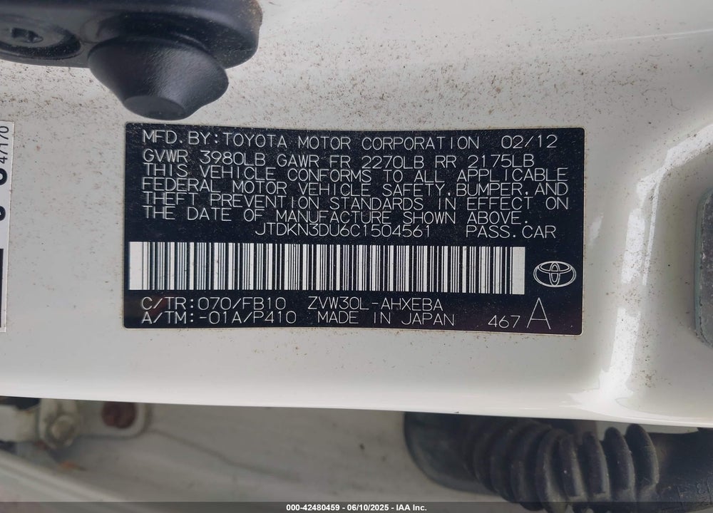 2012 TOYOTA PRIUS TWO VIN: JTDKN3DU6C1504561