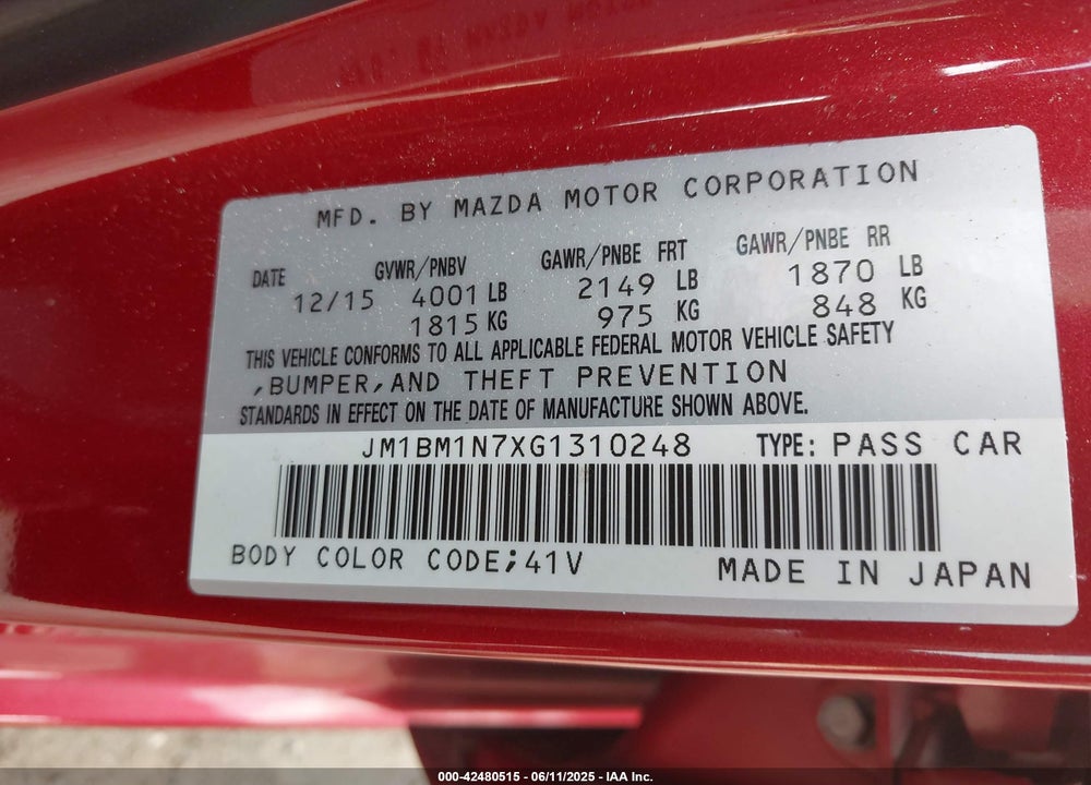 2016 MAZDA 3 VIN: JM1BM1N7XG1310248