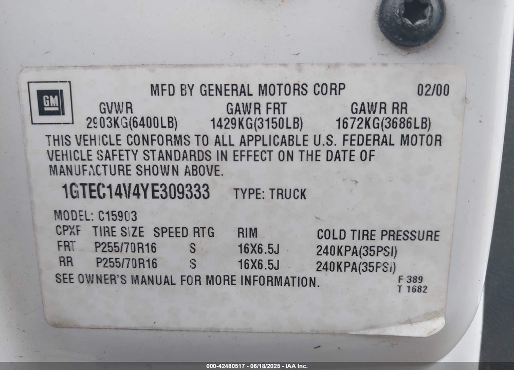 2000 GMC SIERRA 1500 VIN: 1GTEC14V4YE309333