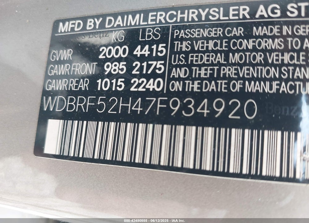 2007 MERCEDES-BENZ C 230 SPORT VIN: WDBRF52H47F934920