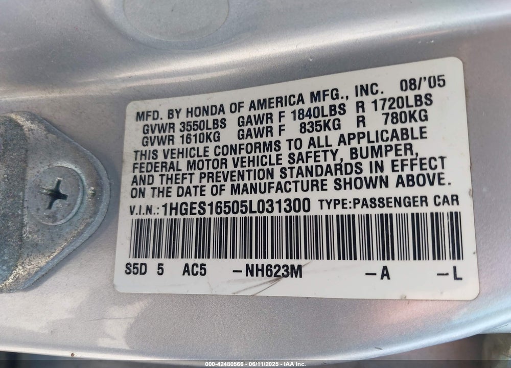 2005 HONDA CIVIC LX VIN: 1HGES16505L031300