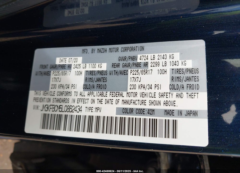 2020 MAZDA CX-5 VIN: JM3KFBCM5L0862434