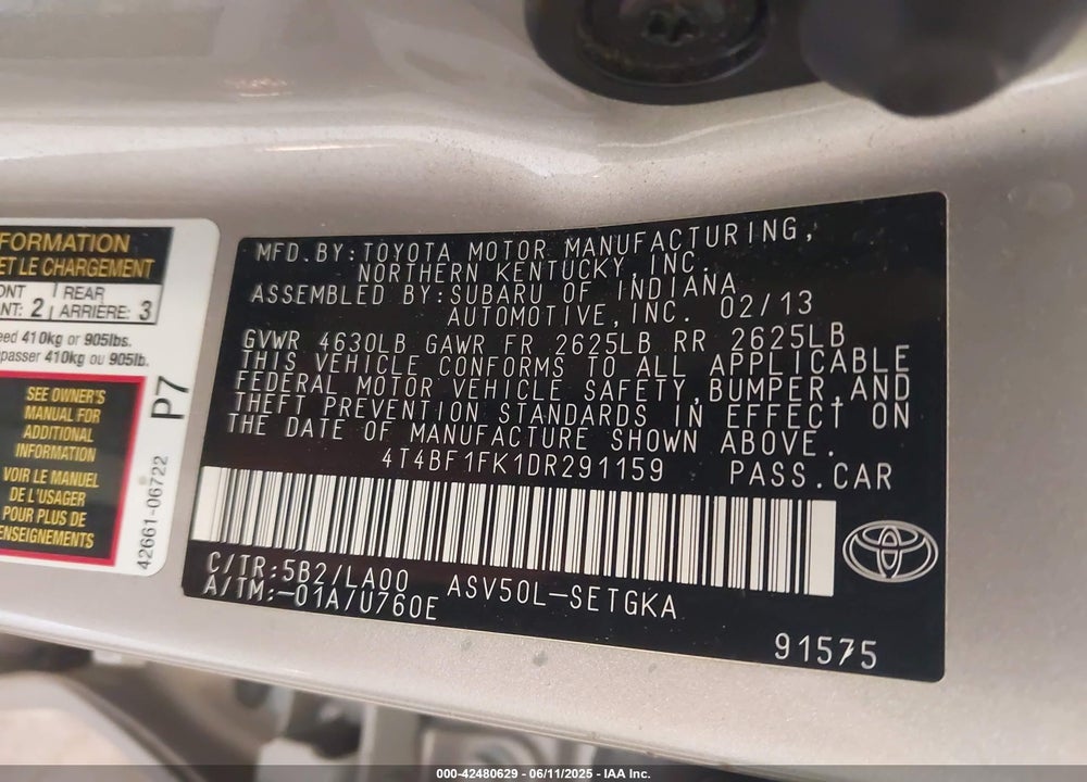 2013 TOYOTA CAMRY VIN: 4T4BF1FK1DR291159