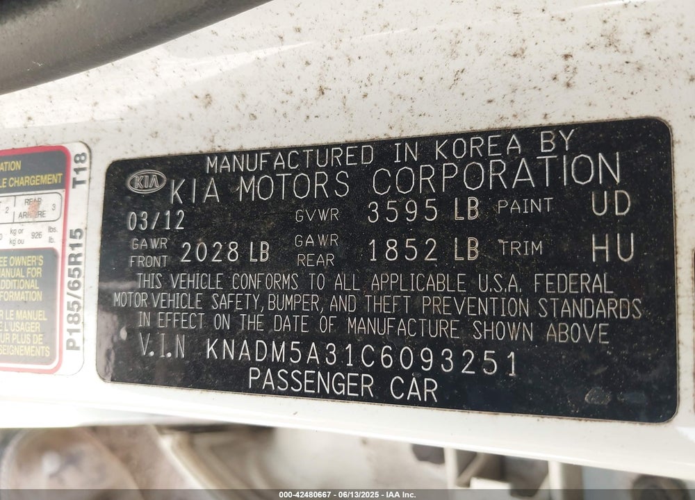2012 KIA RIO5 VIN: KNADM5A31C6093251