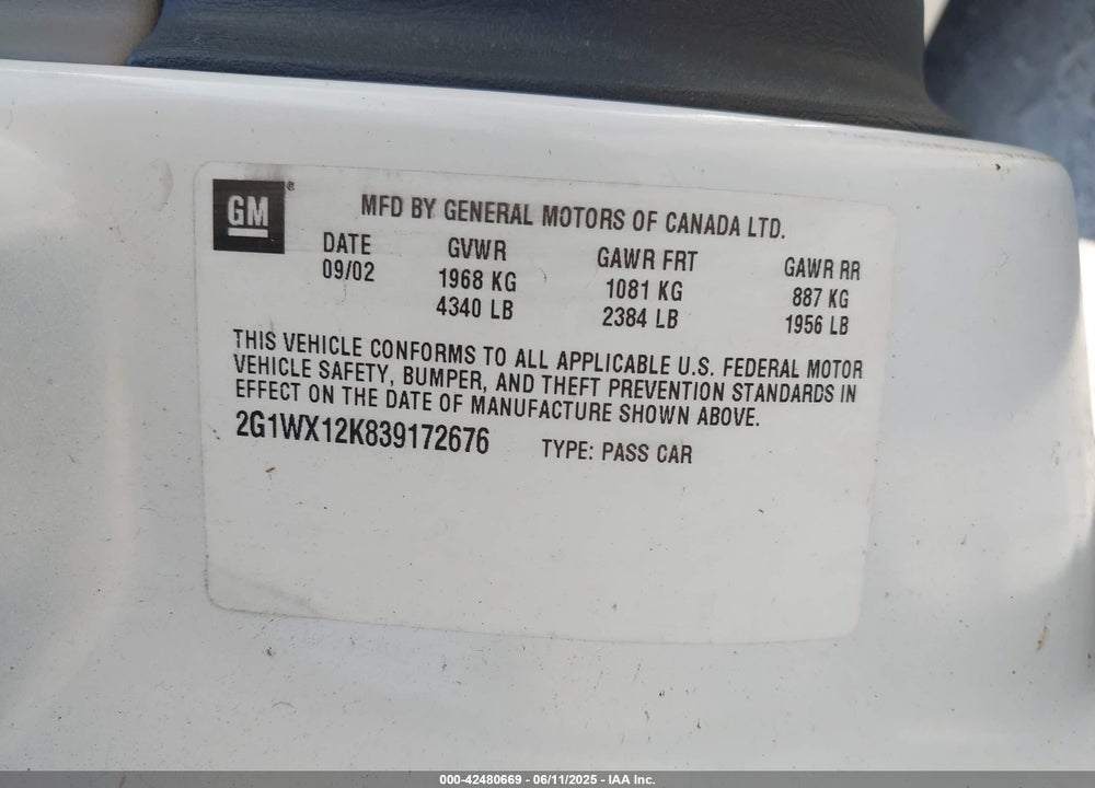 2003 CHEVROLET MONTE CARLO SS VIN: 2G1WX12K839172676