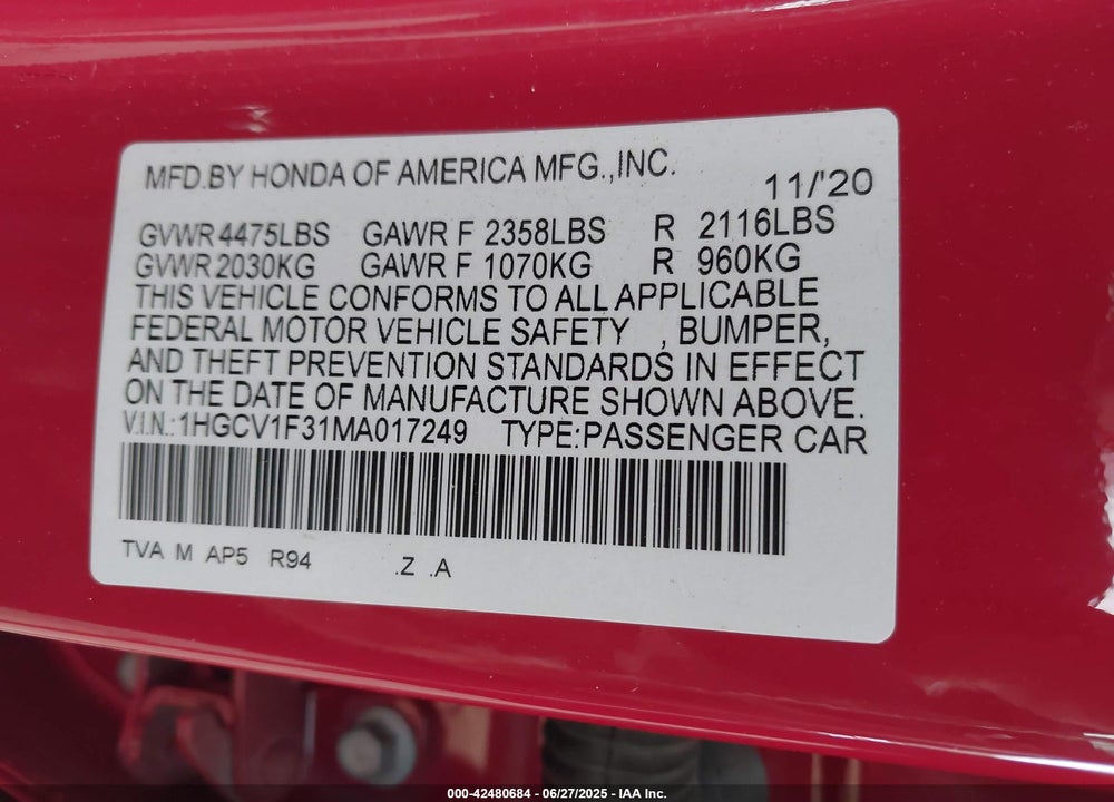 2021 HONDA ACCORD VIN: 1HGCV1F31MA017249