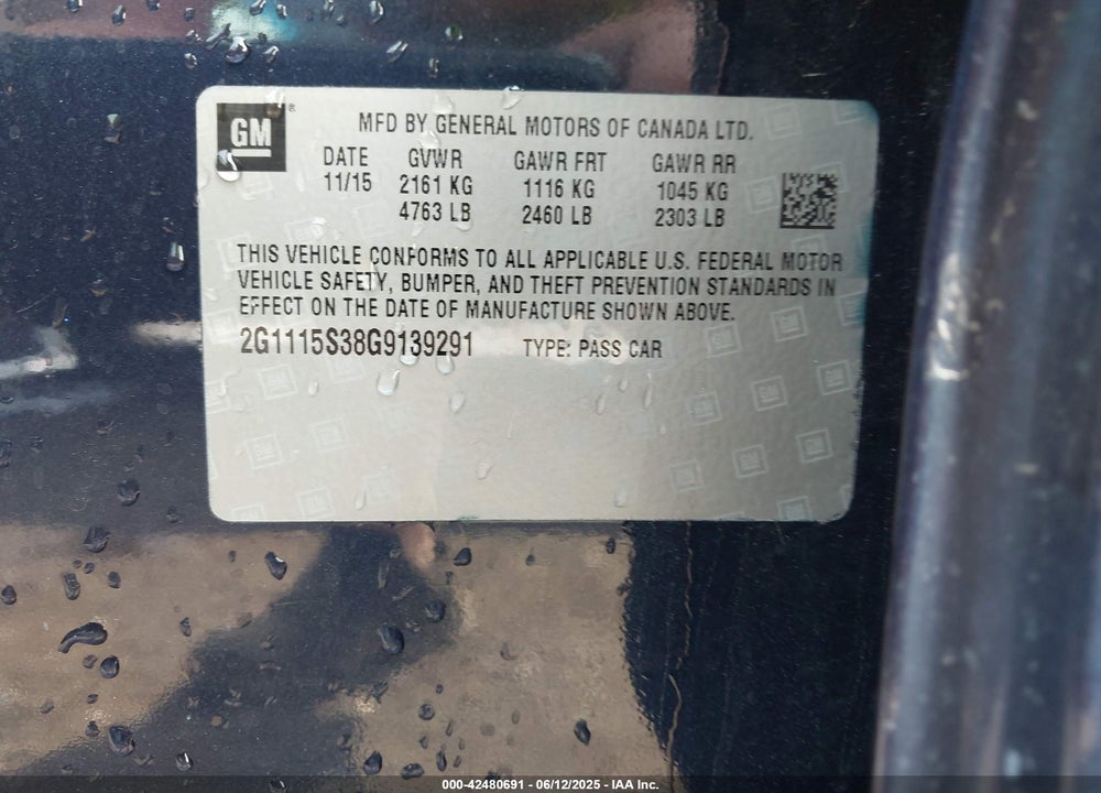 2016 CHEVROLET IMPALA VIN: 2G1115S38G9139291