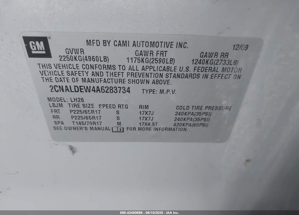 2010 CHEVROLET EQUINOX VIN: 2CNALDEW4A6283734