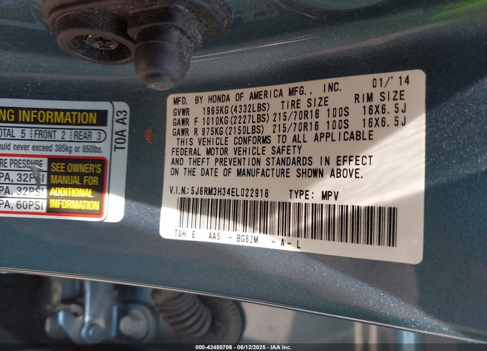 2014 HONDA CR-V LX VIN: 5J6RM3H34EL022918