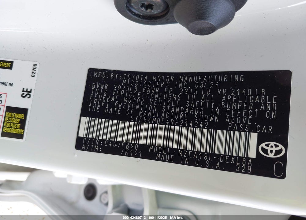 2024 TOYOTA COROLLA VIN: 5YFB4MDE4RP214342