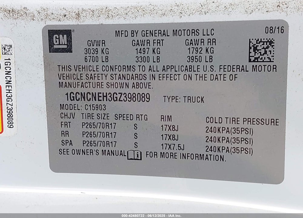 2016 CHEVROLET SILVERADO 1500 VIN: 1GCNCNEH3GZ398089