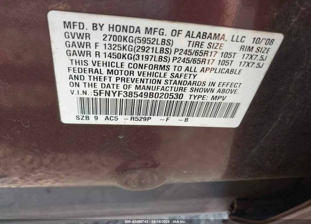 2009 HONDA PILOT VIN: 5FNYF38549B020530
