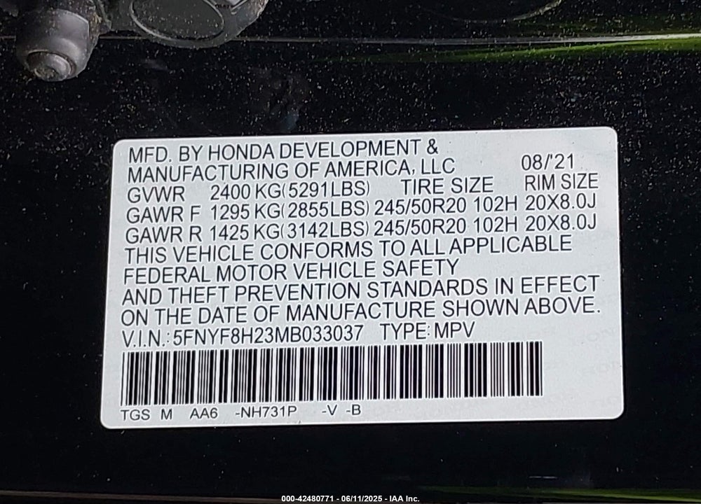 2021 HONDA PASSPORT VIN: 5FNYF8H23MB033037