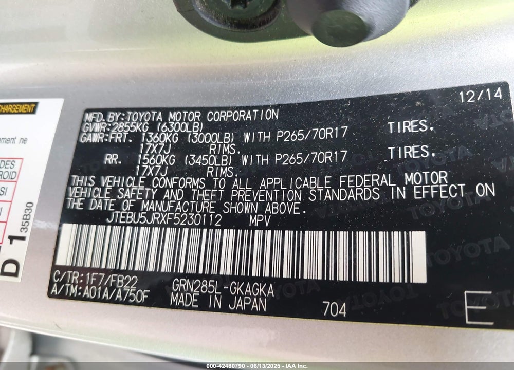 2015 TOYOTA 4RUNNER VIN: JTEBU5JRXF5230112