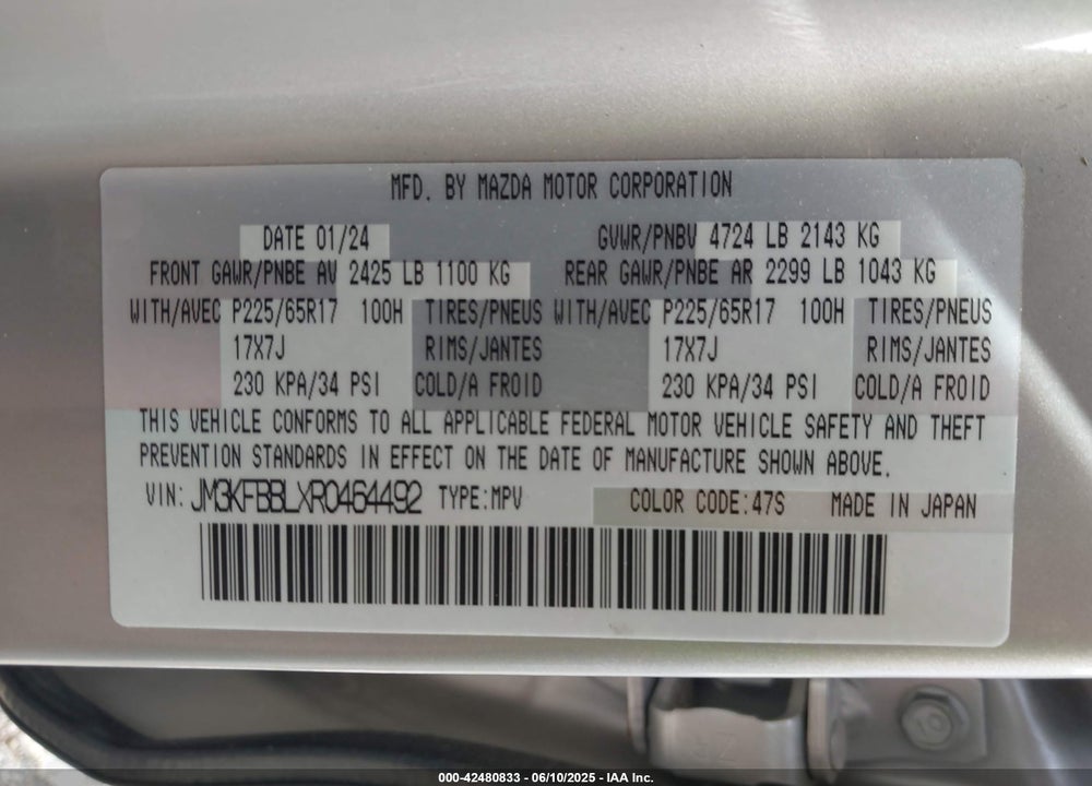 2024 MAZDA CX-5 2.5 S SELECT VIN: JM3KFBBLXR0464492