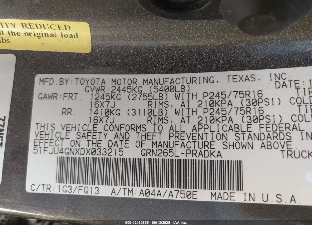 2013 TOYOTA TACOMA VIN: 5TFJU4GNXDX033215
