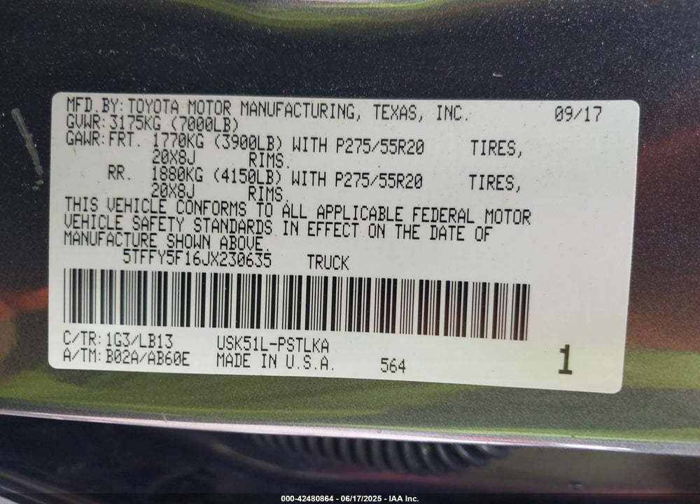 2018 TOYOTA TUNDRA VIN: 5TFFY5F16JX230635