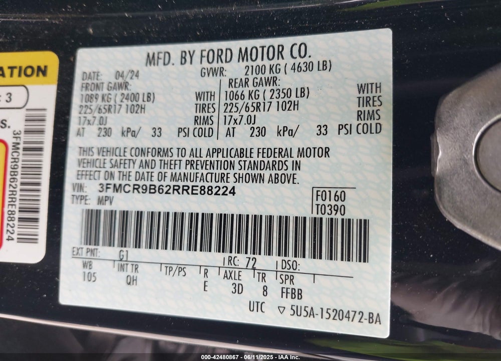 2024 FORD BRONCO SPORT BIG BEND VIN: 3FMCR9B62RRE88224
