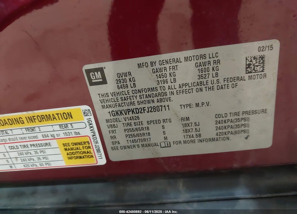 2015 GMC ACADIA SLE-2 VIN: 1GKKVPKD2FJ280711