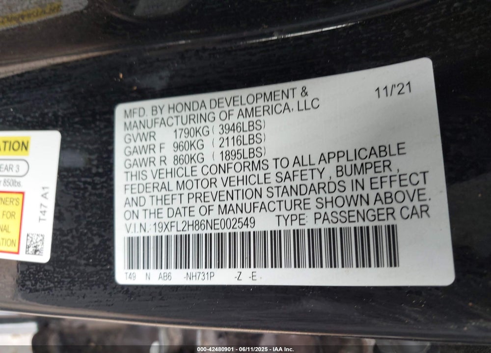 2022 HONDA CIVIC VIN: 19XFL2H86NE002549