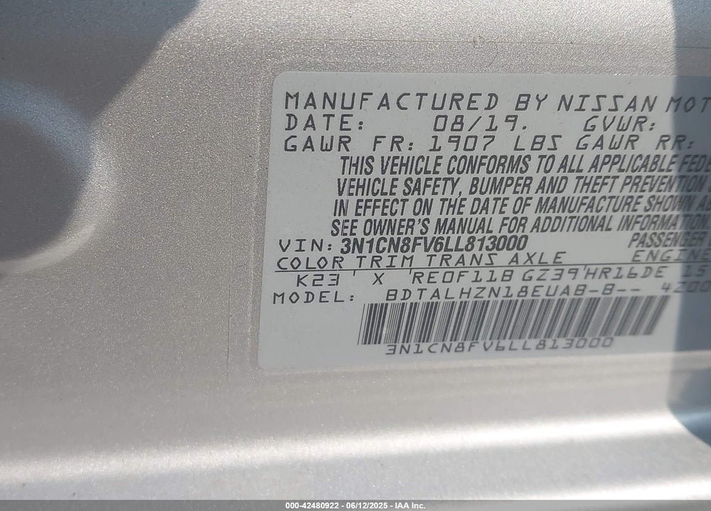 2020 NISSAN VERSA VIN: 3N1CN8FV6LL813000