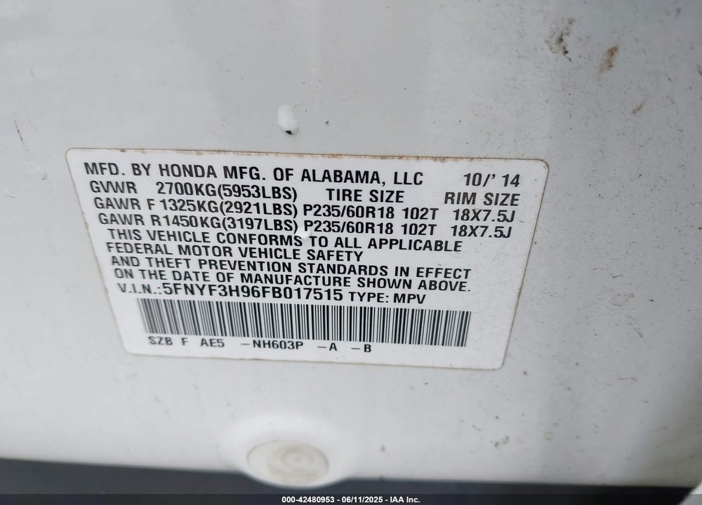 2015 HONDA PILOT VIN: 5FNYF3H96FB017515