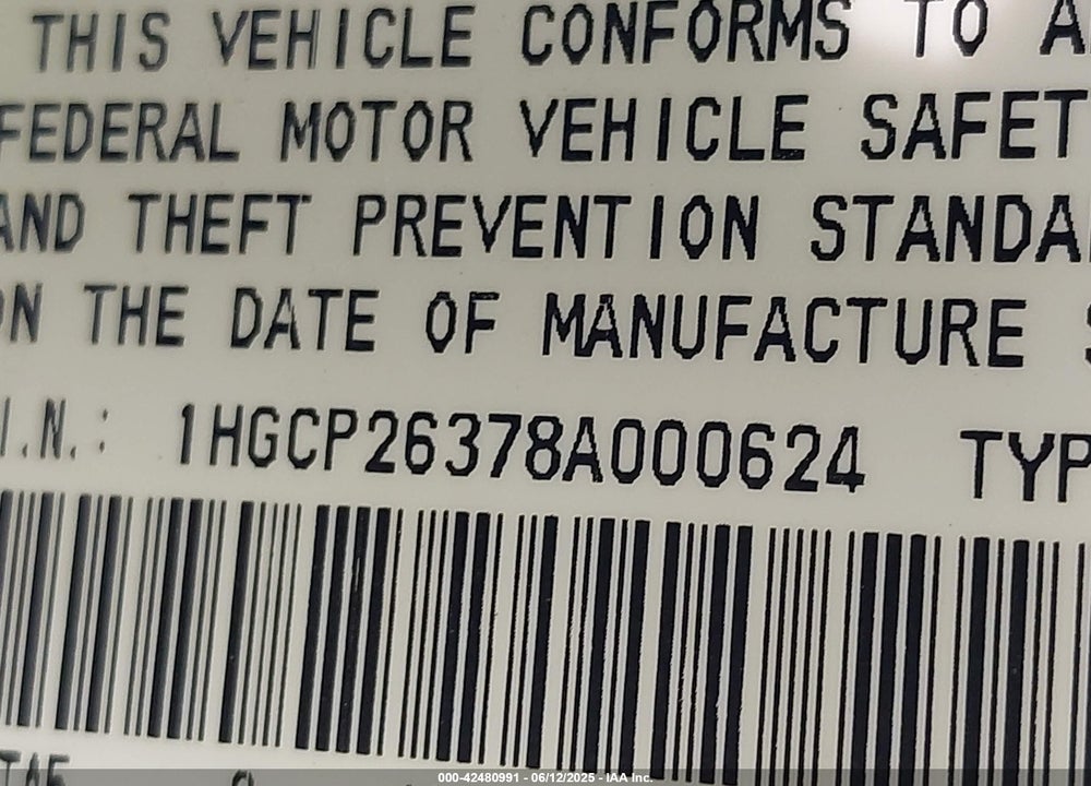 2008 HONDA ACCORD VIN: 1HGCP26378A000624