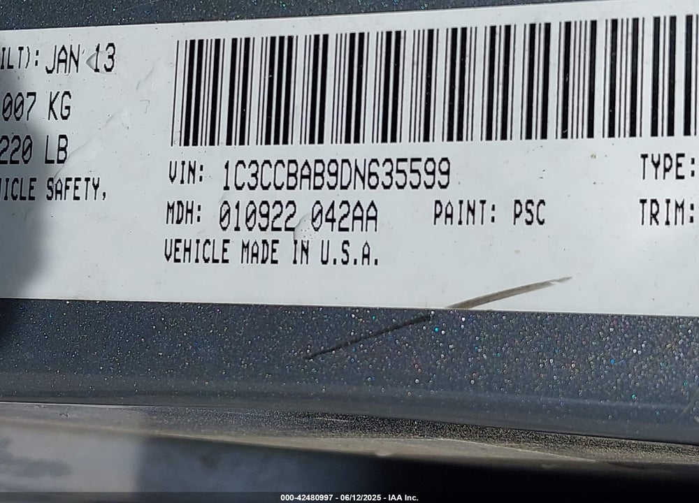 2013 CHRYSLER 200 LX VIN: 1C3CCBAB9DN635599
