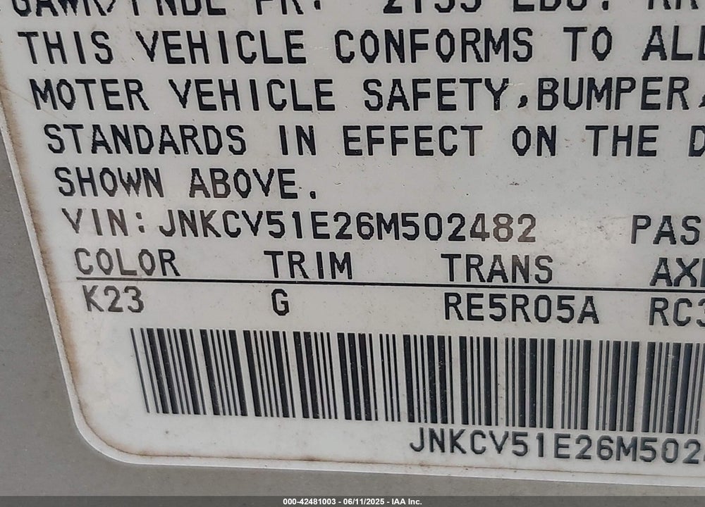 2006 INFINITI G35 VIN: JNKCV51E26M502482