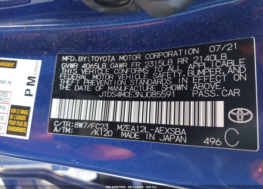 2022 TOYOTA COROLLA VIN: JTDS4MCE3NJ085591