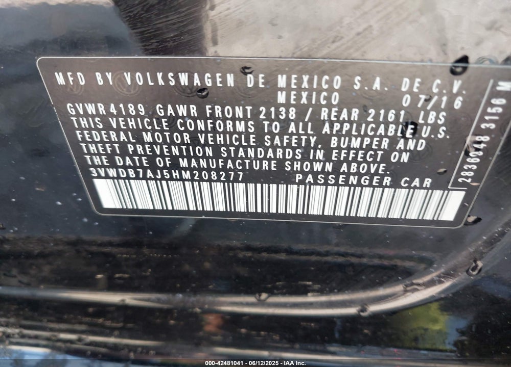 2017 VOLKSWAGEN JETTA VIN: 3VWDB7AJ5HM208277