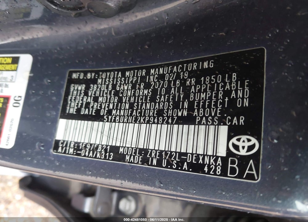 2019 TOYOTA COROLLA VIN: 5YFBURHE2KP948247