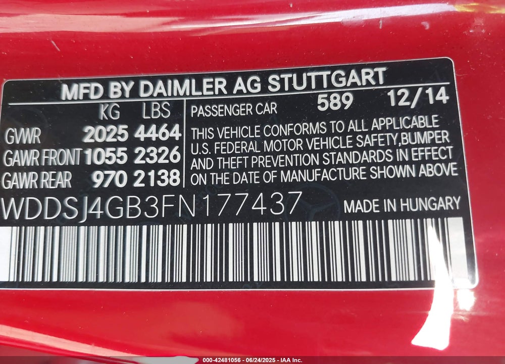 2015 MERCEDES-BENZ CLA VIN: WDDSJ4GB3FN177437