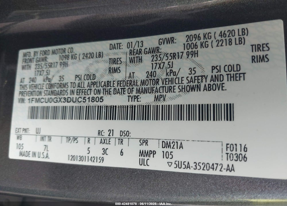 2013 FORD ESCAPE VIN: 1FMCU0GX3DUC51805