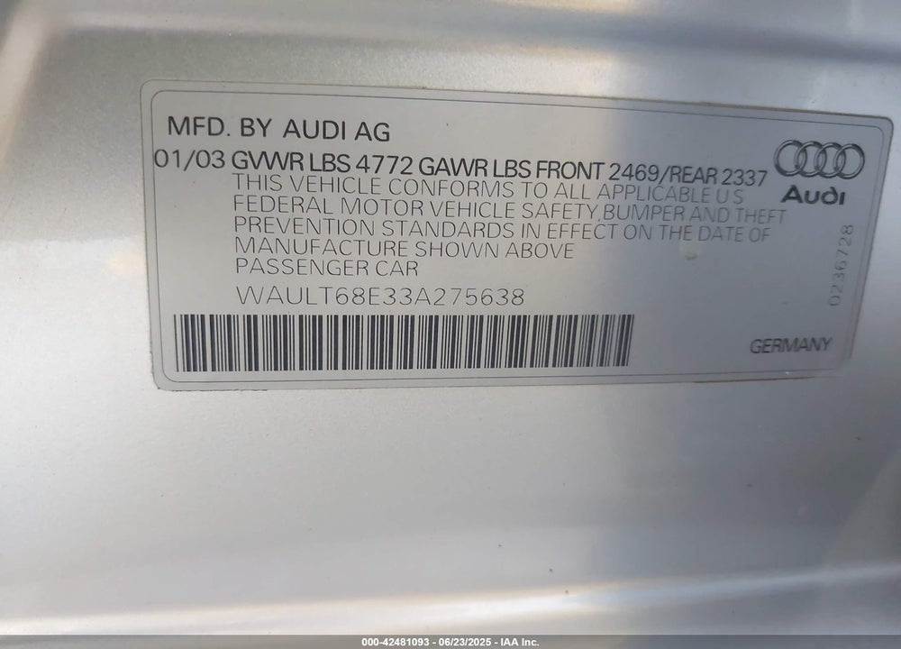 2003 AUDI A4 3.0 VIN: WAULT68E33A275638