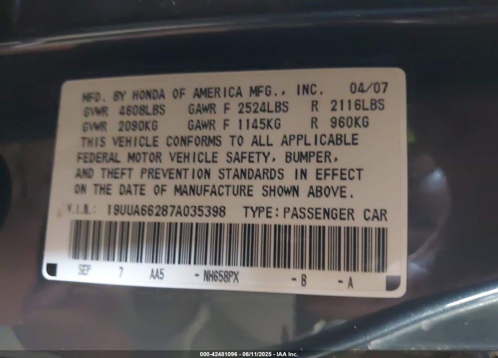 2007 ACURA TL VIN: 19UUA66287A035398
