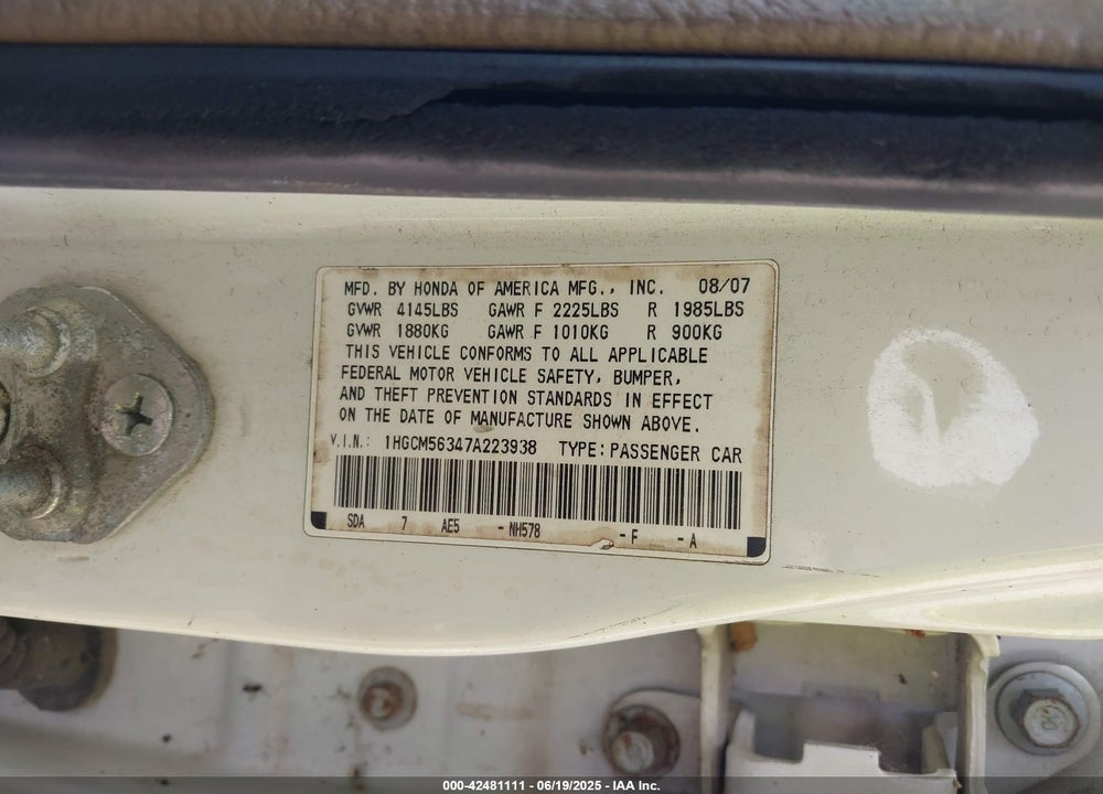 2007 HONDA ACCORD 2.4 SE VIN: 1HGCM56347A223938