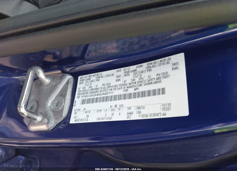 2016 FORD ESCAPE VIN: 1FMCU0GX4GUA20111