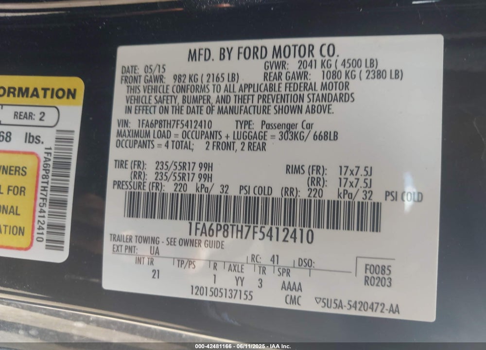 2015 FORD MUSTANG VIN: 1FA6P8TH7F5412410