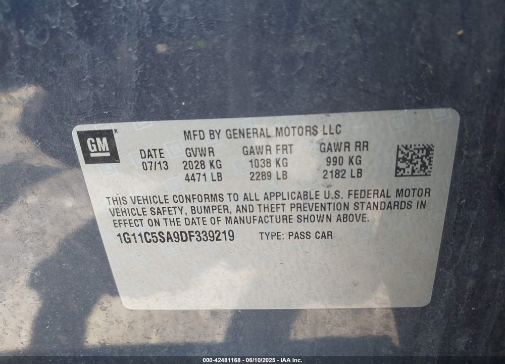 2013 CHEVROLET MALIBU VIN: 1G11C5SA9DF339219