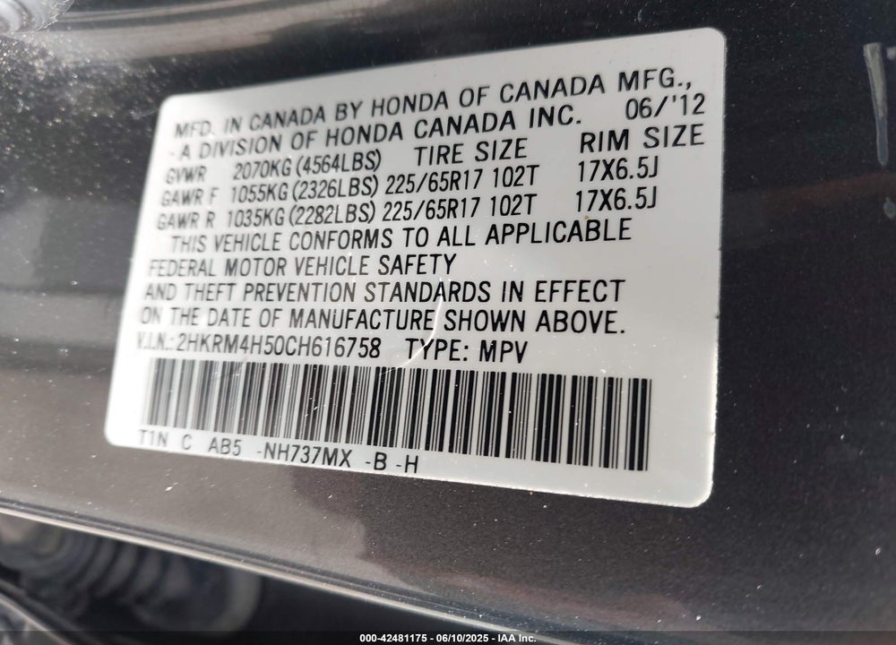 2012 HONDA CR-V VIN: 2HKRM4H50CH616758