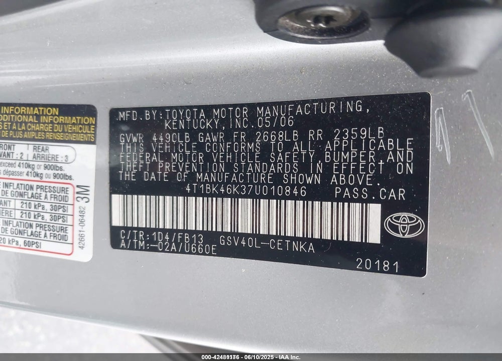 2007 TOYOTA CAMRY VIN: 4T1BK46K37U010846