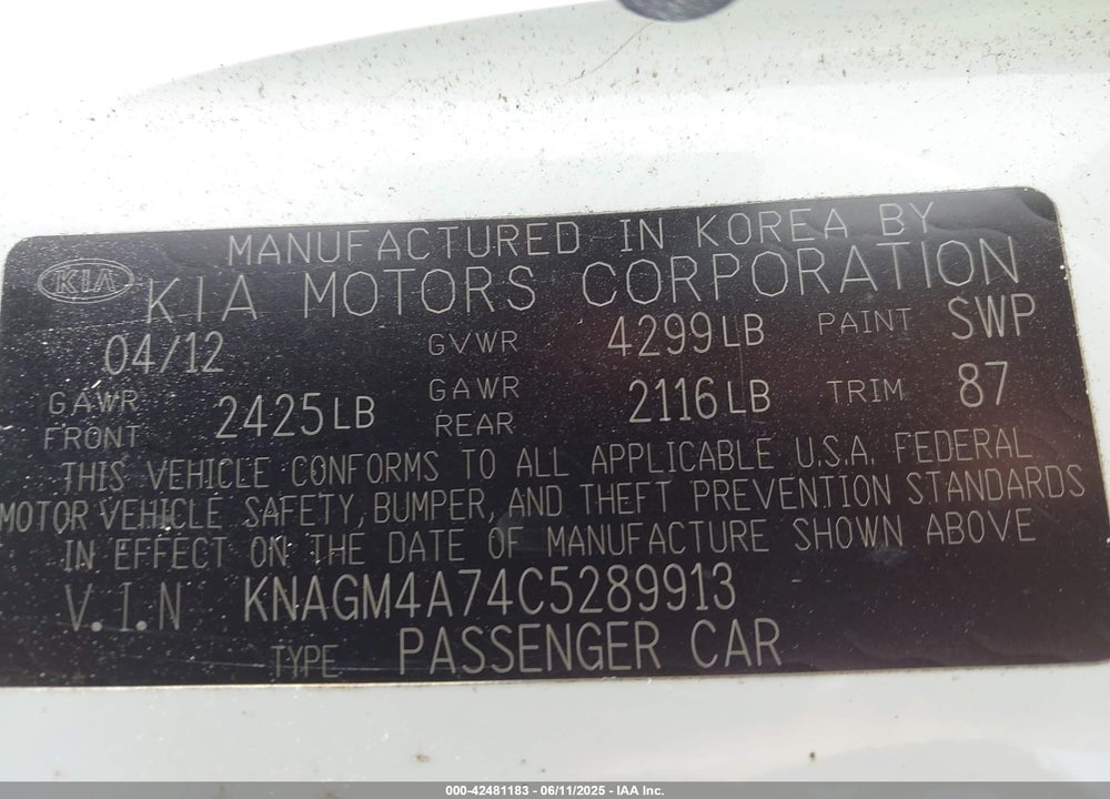 2012 KIA OPTIMA LX VIN: KNAGM4A74C5289913