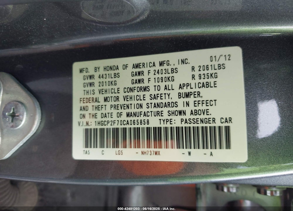 2012 HONDA ACCORD VIN: 1HGCP2F70CA065858