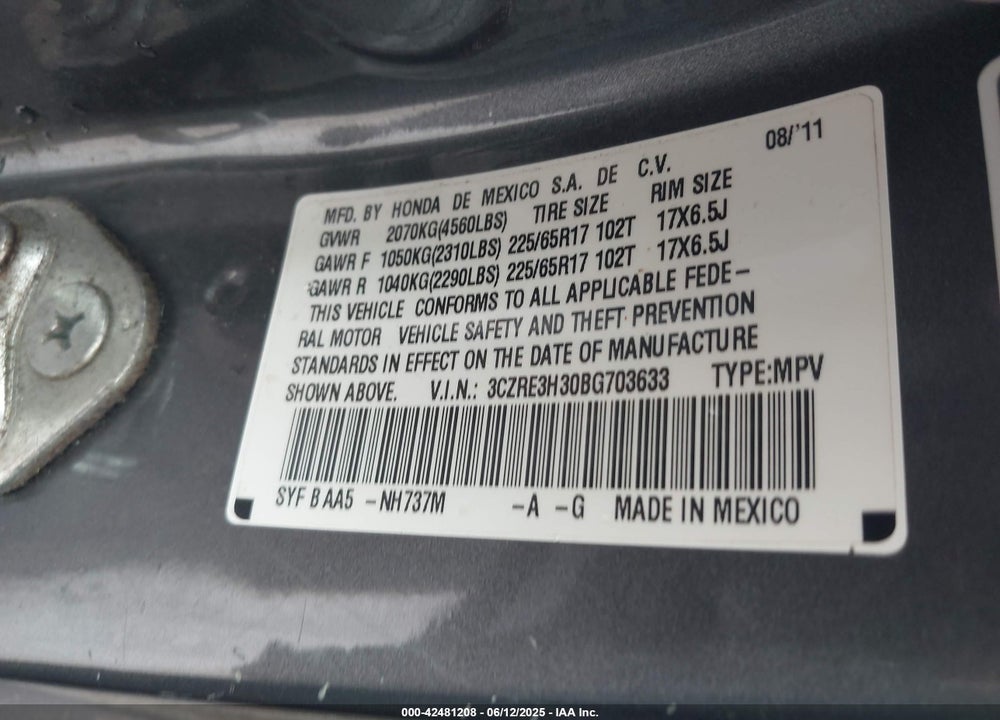 2011 HONDA CR-V LX VIN: 3CZRE3H30BG703633