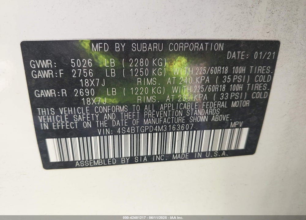 2021 SUBARU OUTBACK VIN: 4S4BTGPD4M3163607