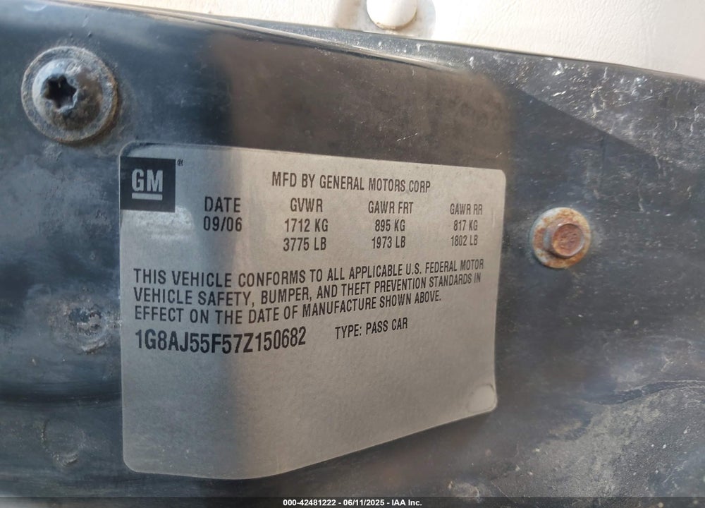 2007 SATURN ION 2 VIN: 1G8AJ55F57Z150682