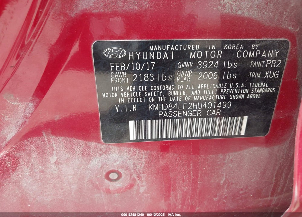 2017 HYUNDAI ELANTRA VIN: KMHD84LF2HU401499