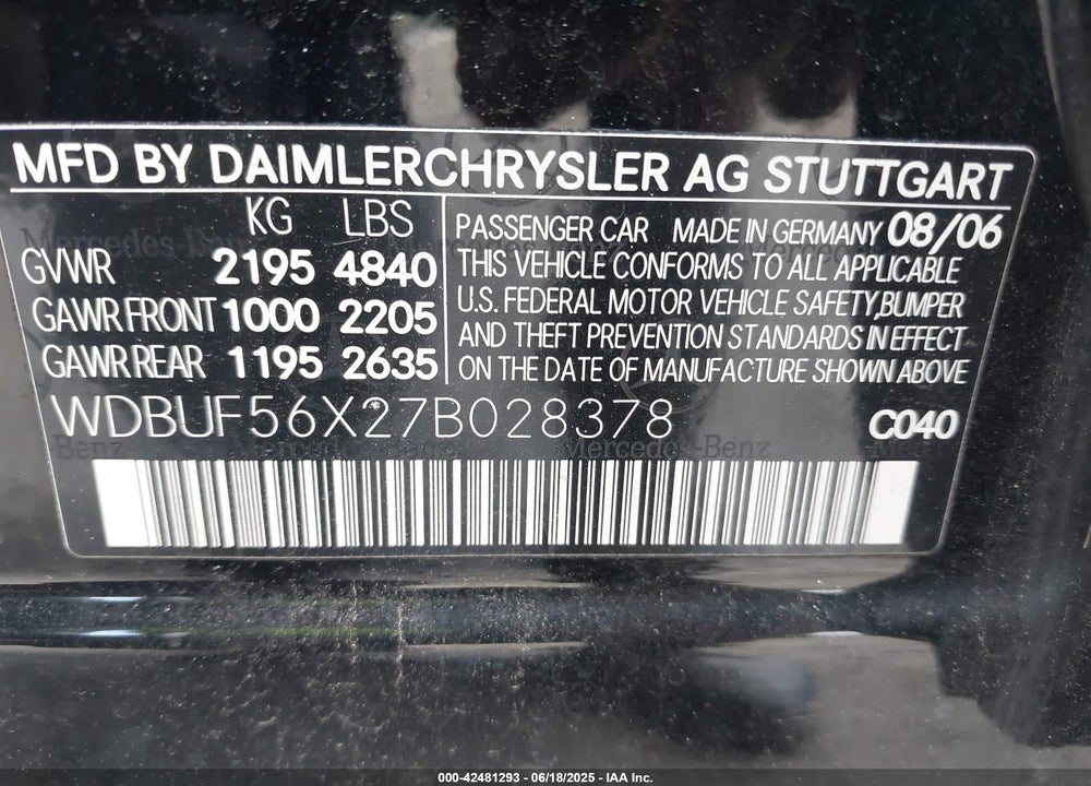 2007 MERCEDES-BENZ E 350 VIN: WDBUF56X27B028378